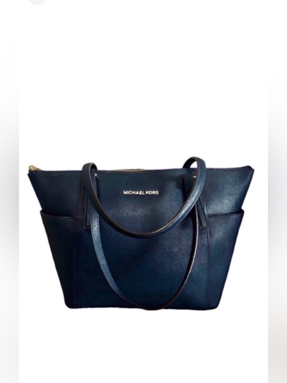 Michael Kors Top Zip Shoulder Bag Double Straps Large Tote Purse Navy Blue Gold - Picture 13 of 13